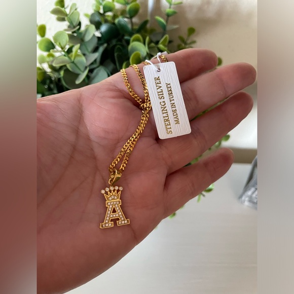 Brand New Beautiful Gold over Sterling Silver Letter A crown Pendant Necklace - Picture 1 of 6